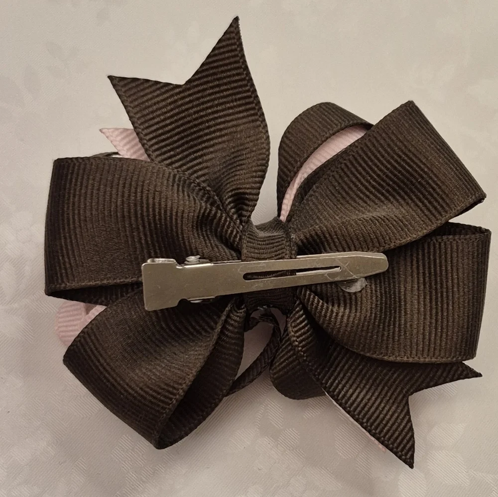 Pink and Brown Tractor Charm Hair Bow Layered Handmade